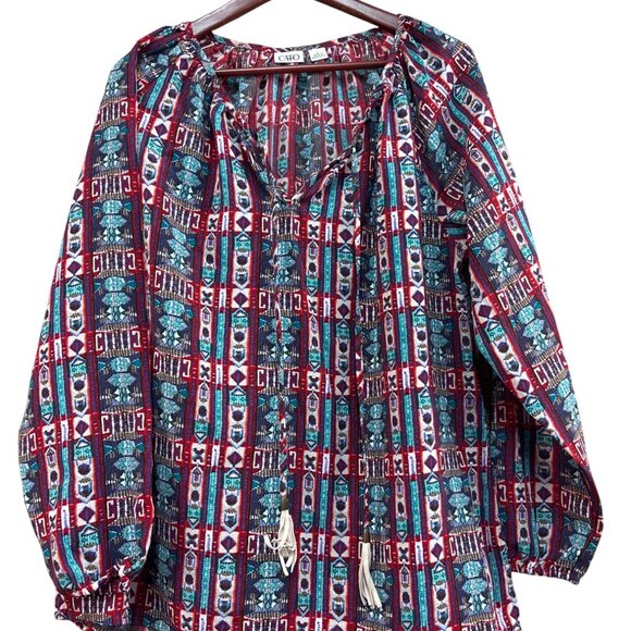 Cato Womens Boho Tunic Top L Multicolor Long Sleeve Tassel Tie Neck - Picture 1 of 6